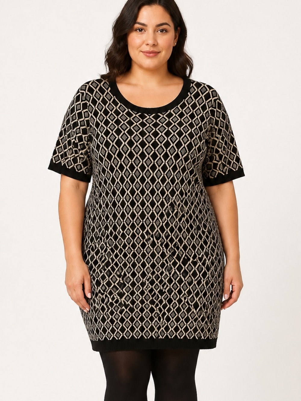 RW&CO XXL Black Plus Size (1X) Geometric Jacquard Knit Sweater Dress
